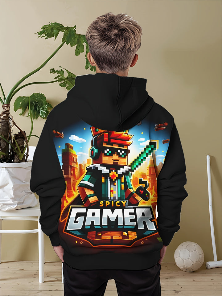 Boys' Cool 3D Cartoon Character Hoodie - Comfy & Stylish Pullover for Spring/Fall, Polyester Blend, Casual, Print, Leisure Style, Conventional Version, Spring/Autumn - Gufetto Brand 