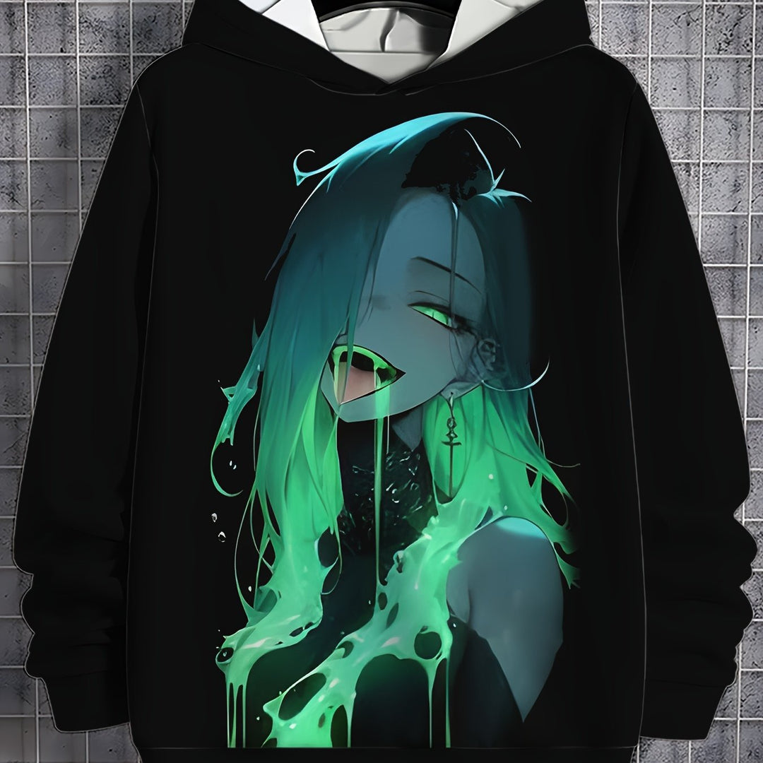 Men's Casual Hoodie with Fluorescent Anime Print - Comfortable Polyester Pullover for Outdoor Leisure, Machine Washable - Gufetto Brand 