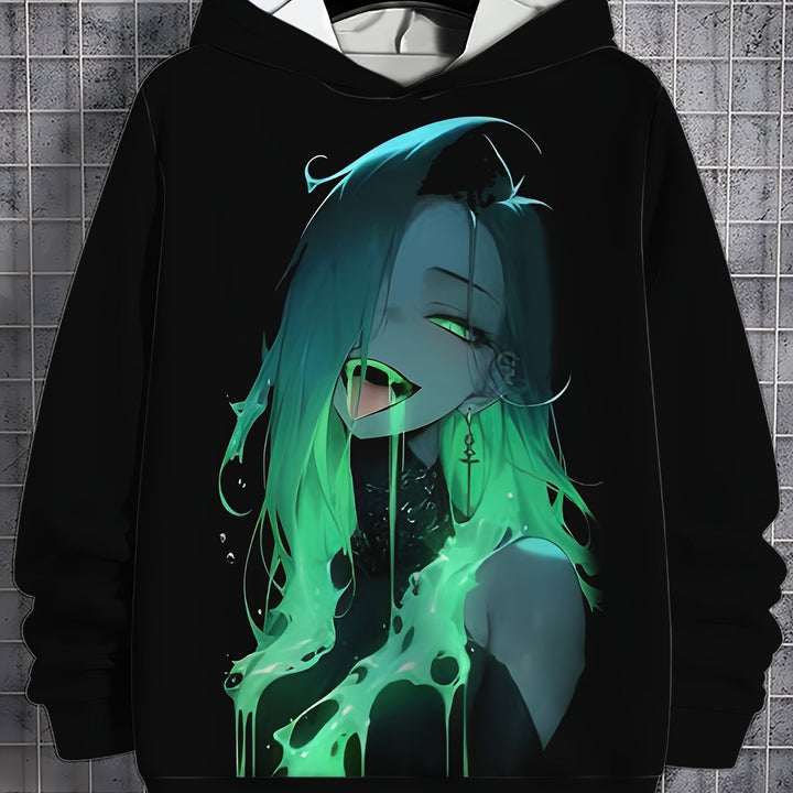 Men's Casual Hoodie with Fluorescent Anime Print - Comfortable Polyester Pullover for Outdoor Leisure, Machine Washable - Gufetto Brand 