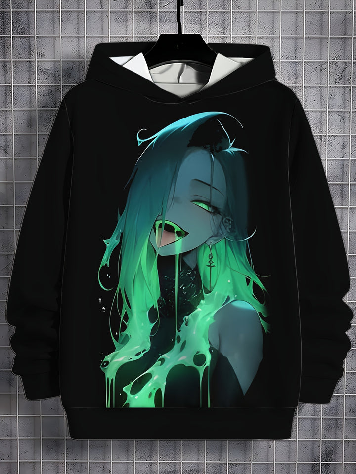 Men's Casual Hoodie with Fluorescent Anime Print - Comfortable Polyester Pullover for Outdoor Leisure, Machine Washable - Gufetto Brand 