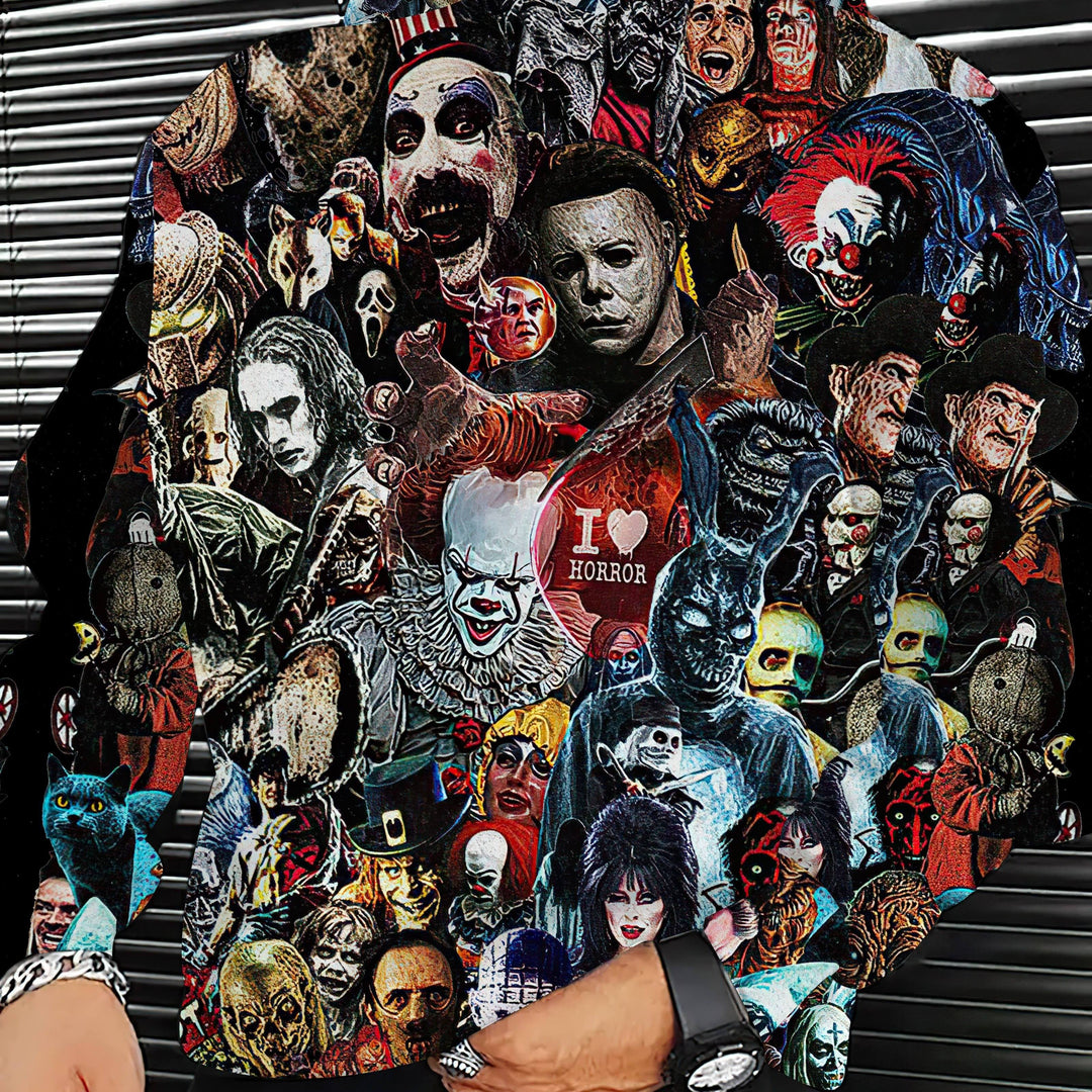 Men's Casual Horror Themed Hoodie with All Over Print - Polyester Spandex Blend, Slight Stretch, Hooded Pullover with Knit Fabric, Regular Fit for Autumn Winter - Gufetto Brand 