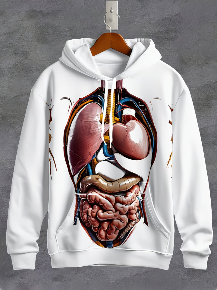 1pc Men'S 3D Anatomical Print Hoodie, Casual Polyester Knit Fabric Sweatshirt with Slight Stretch, Regular Fit Hooded Pullover for Fall/Winter Streetwear - Gufetto Brand 