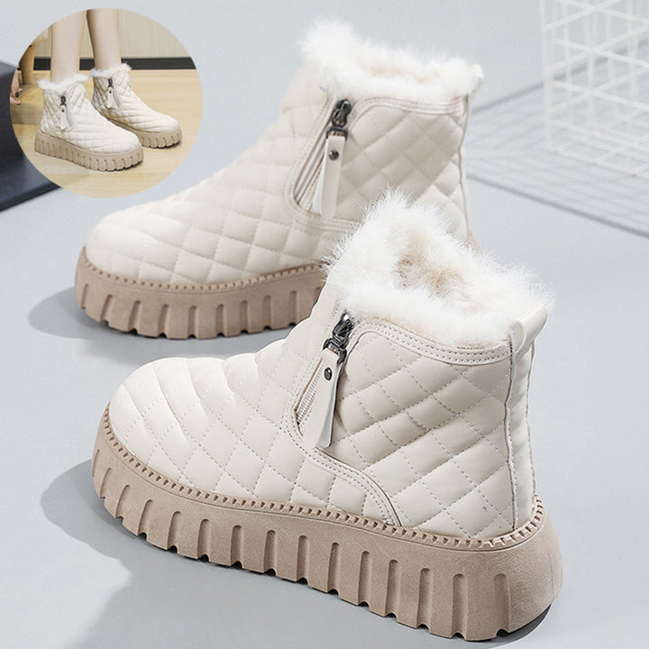 Stivaletti con plateau con motivo scozzese da donna Stivali da neve foderati in peluche con cerniera laterale casual Stivali corti invernali comodi - Gufetto Brand 