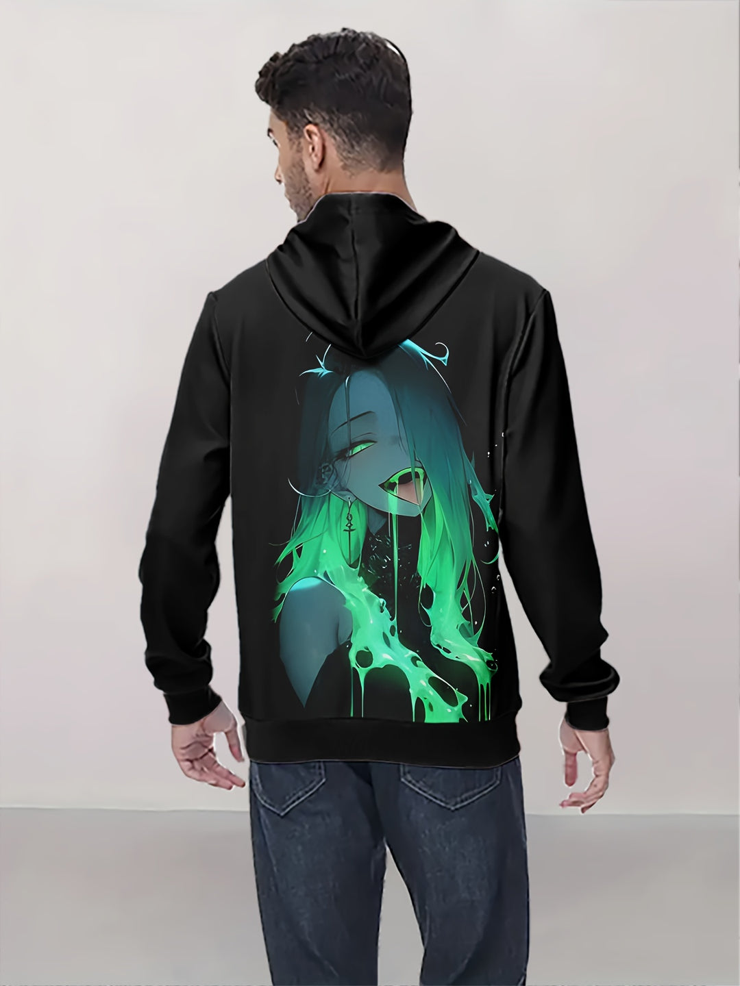 Men's Casual Hoodie with Fluorescent Anime Print - Comfortable Polyester Pullover for Outdoor Leisure, Machine Washable - Gufetto Brand 