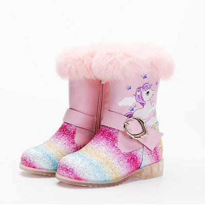 Fashion Girls Snow Boots With Sequins Waterproof Pu Leather Princess Rainbow Unicorn Plush Boots Winter Kids Cartoon Shoes - Gufetto Brand 