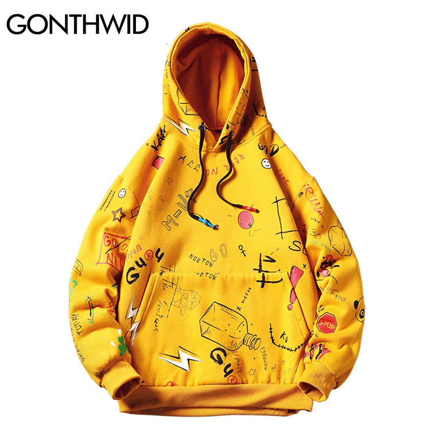 GONTHWID Japanese Anime Graffiti Print Hooded Sweatshirts Streetwear Hip Hop Harajuku Casual Pullover Hoodies Mens Fashion Tops - Gufetto Brand 