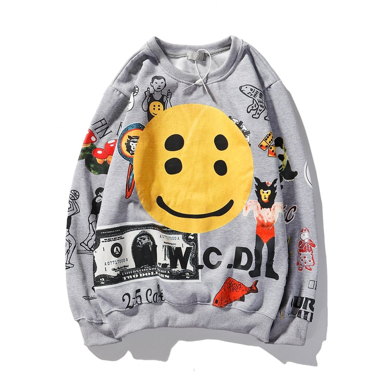 Harajuku Retro Smiley Flame Print Round Neck Sweatshirts Men and Women Plus Velvet Streetwear Fleece Hoodie Pullover - Gufetto Brand 