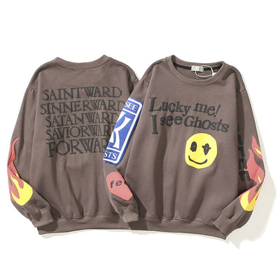 Harajuku Retro Smiley Flame Print Round Neck Sweatshirts Men and Women Plus Velvet Streetwear Fleece Hoodie Pullover - Gufetto Brand 
