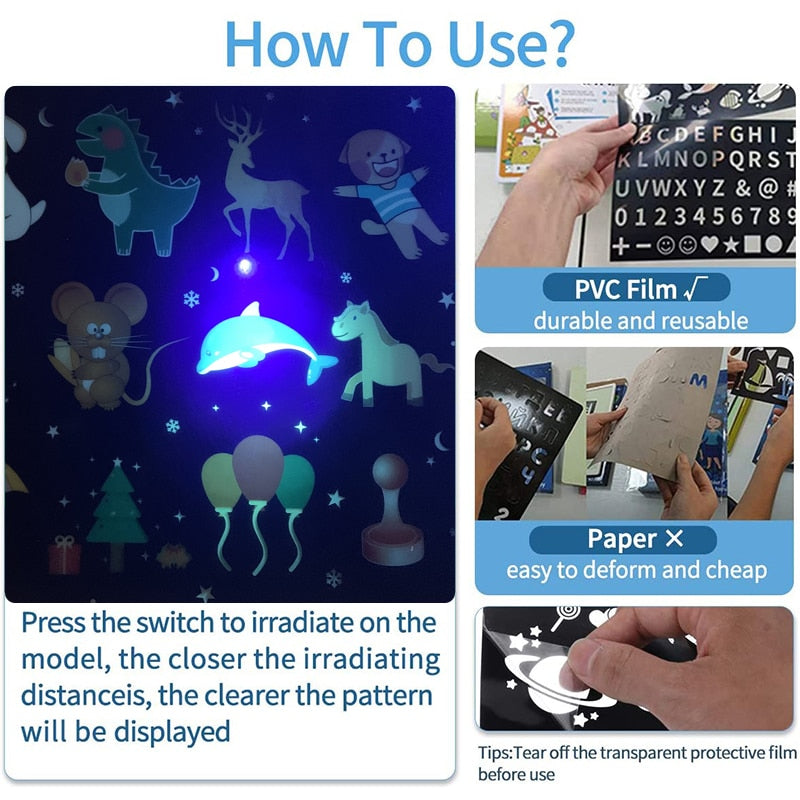Tavolo da disegno luminoso magico Tablet giocattolo per bambini Disegna nel buio Giocattolo educativo per bambini con penna fluorescente per bambini - Gufetto Brand 