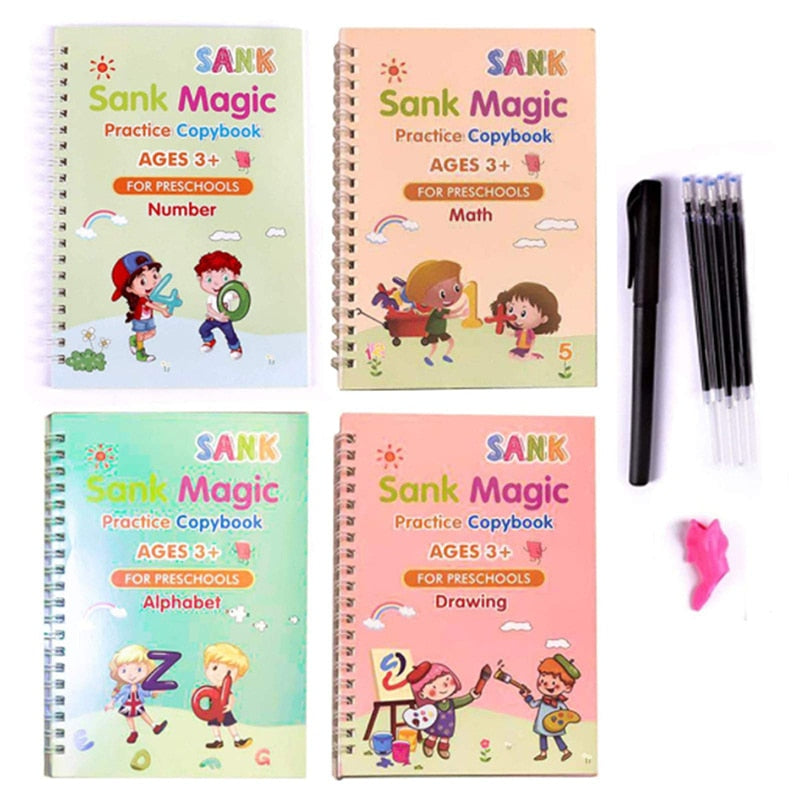 4 libri + penna Magic Copy Book Wiping gratuito Bambini per bambini Adesivo per scrittura Pratica quaderno inglese per calligrafia Montessori - Gufetto Brand 