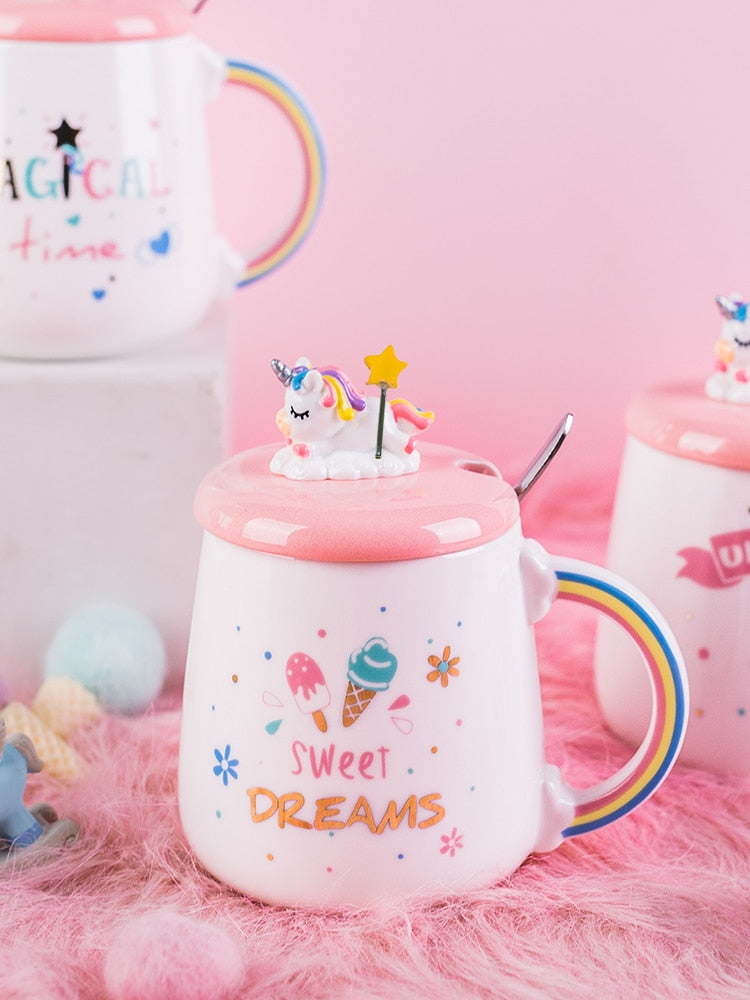 Cute Unicorn Coffee Mug with 3D Lid and Spoon Ceramic Tea Water Cup Gift for Women Girls White 450ml - Gufetto Brand 
