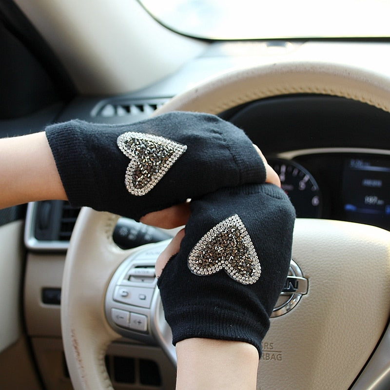 Winter Gloves Women Rhinestone Skull A+ Diamond Crown Half Finger Warm Knitted Black Mittens students Gants Femme - Gufetto Brand 
