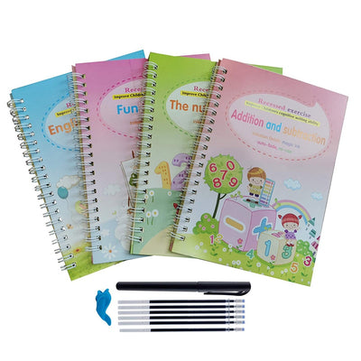 4 libri + penna Magic Copy Book Wiping gratuito Bambini per bambini Adesivo per scrittura Pratica quaderno inglese per calligrafia Montessori - Gufetto Brand 