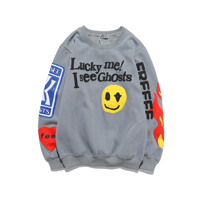 Harajuku Retro Smiley Flame Print Round Neck Sweatshirts Men and Women Plus Velvet Streetwear Fleece Hoodie Pullover - Gufetto Brand 