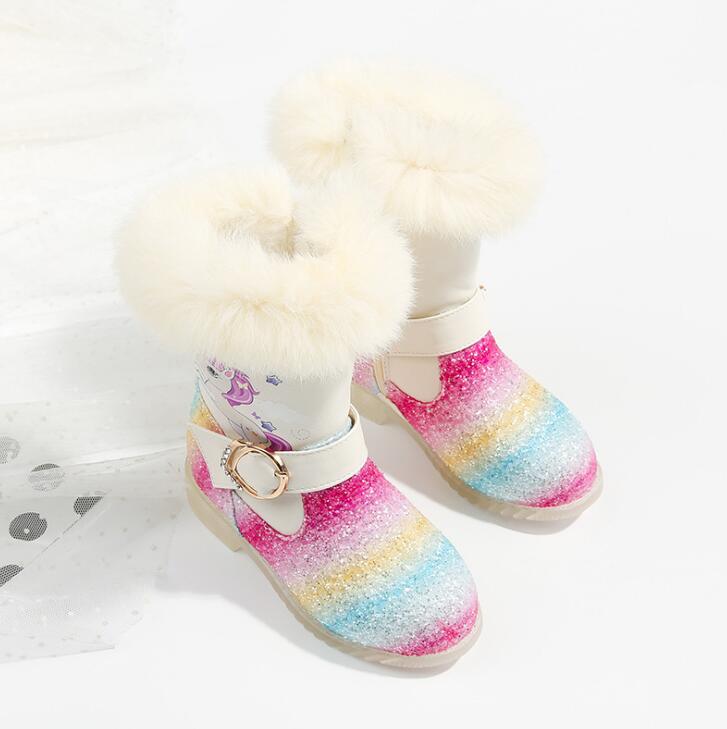 Fashion Girls Snow Boots With Sequins Waterproof Pu Leather Princess Rainbow Unicorn Plush Boots Winter Kids Cartoon Shoes - Gufetto Brand 