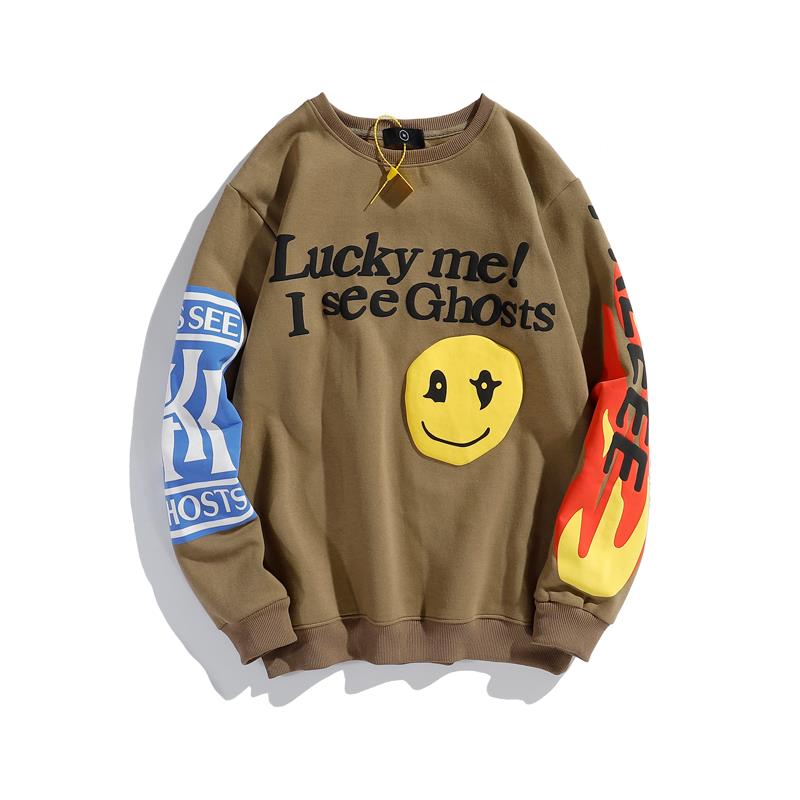 Harajuku Retro Smiley Flame Print Round Neck Sweatshirts Men and Women Plus Velvet Streetwear Fleece Hoodie Pullover - Gufetto Brand 