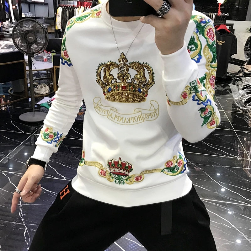 Luxury Gold Black Embroidery Sequin Crown Sweatshirts Men Sudadera Hombre Baroque Club Outwear Sweat Homme Harajuku Sweatshirt - Gufetto Brand 
