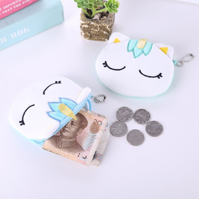 FUDEAM Soft Plush Cartoon Unicorn Women Coin Purse Mini Cute Oval Zipper Children Girl Coin Wallet Card USB Cable Bag Key Wallet - Gufetto Brand 