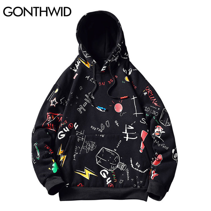 GONTHWID Japanese Anime Graffiti Print Hooded Sweatshirts Streetwear Hip Hop Harajuku Casual Pullover Hoodies Mens Fashion Tops - Gufetto Brand 