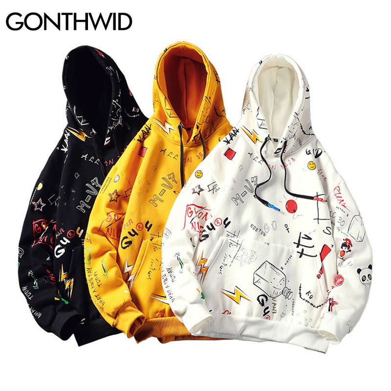 GONTHWID Japanese Anime Graffiti Print Hooded Sweatshirts Streetwear Hip Hop Harajuku Casual Pullover Hoodies Mens Fashion Tops - Gufetto Brand 