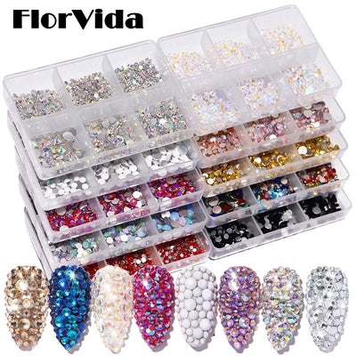 FlorVida 6 misure Kit di strass piatti in cristallo in scatola Decorazioni per nail art ibride AB Gemme di strass colorate perle per set manicure - Gufetto Brand 