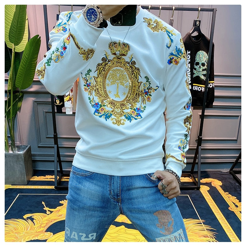 Luxury Gold Black Embroidery Sequin Crown Sweatshirts Men Sudadera Hombre Baroque Club Outwear Sweat Homme Harajuku Sweatshirt - Gufetto Brand 