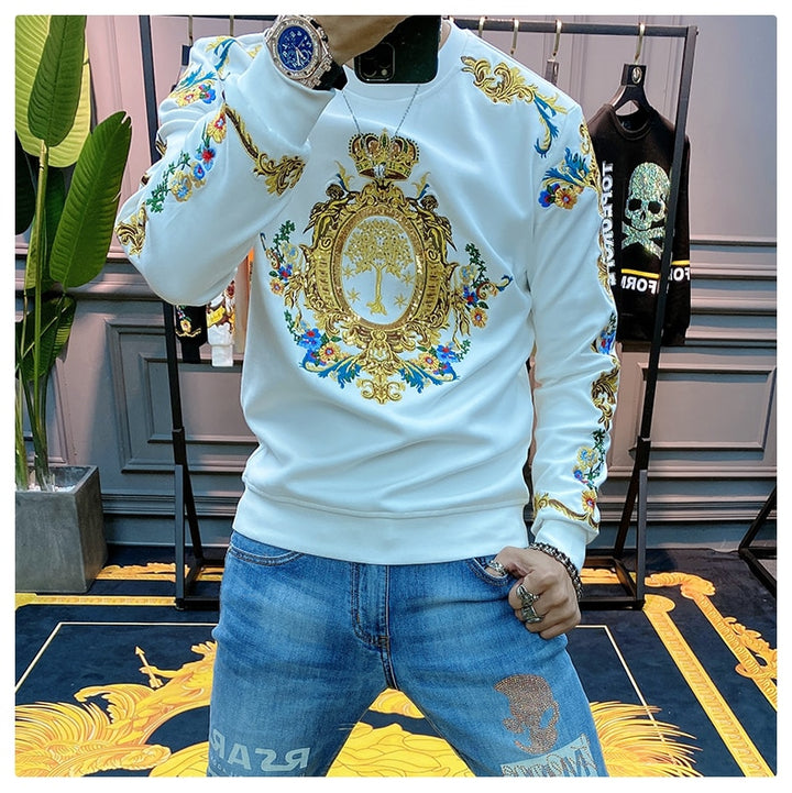 Luxury Gold Black Embroidery Sequin Crown Sweatshirts Men Sudadera Hombre Baroque Club Outwear Sweat Homme Harajuku Sweatshirt - Gufetto Brand 