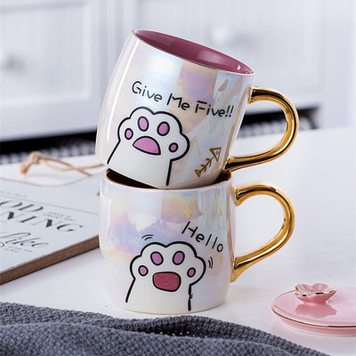 Tazza di cartone animato in ceramica con gatto con coperchio e cucchiaio - Gufetto Brand 