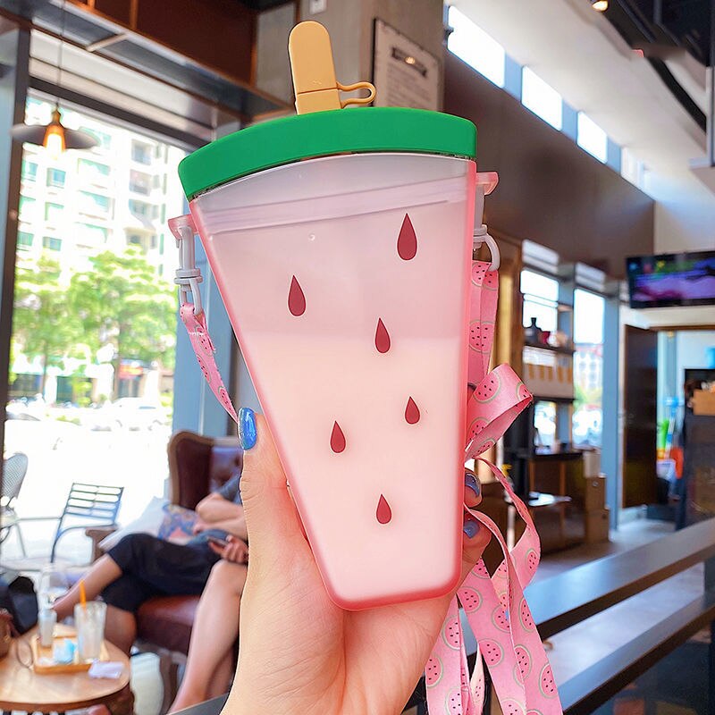 Plastic Water Bottles Cute Watermelon Ice Cream Water Bottle with Straw Bottle Anti-fall Portable Popsicle Cup Kids Water - Gufetto Brand 