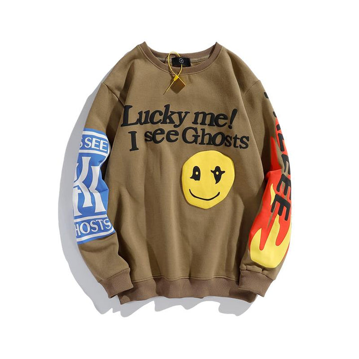 Harajuku Retro Smiley Flame Print Round Neck Sweatshirts Men and Women Plus Velvet Streetwear Fleece Hoodie Pullover - Gufetto Brand 