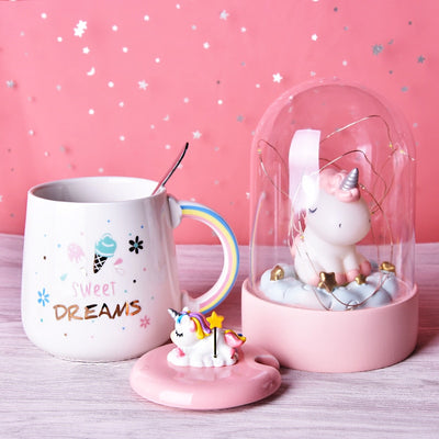 Cute Unicorn Coffee Mug with 3D Lid and Spoon Ceramic Tea Water Cup Gift for Women Girls White 450ml - Gufetto Brand 