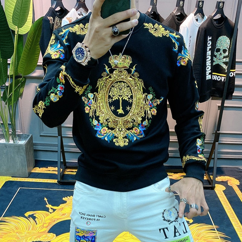 Luxury Gold Black Embroidery Sequin Crown Sweatshirts Men Sudadera Hombre Baroque Club Outwear Sweat Homme Harajuku Sweatshirt - Gufetto Brand 