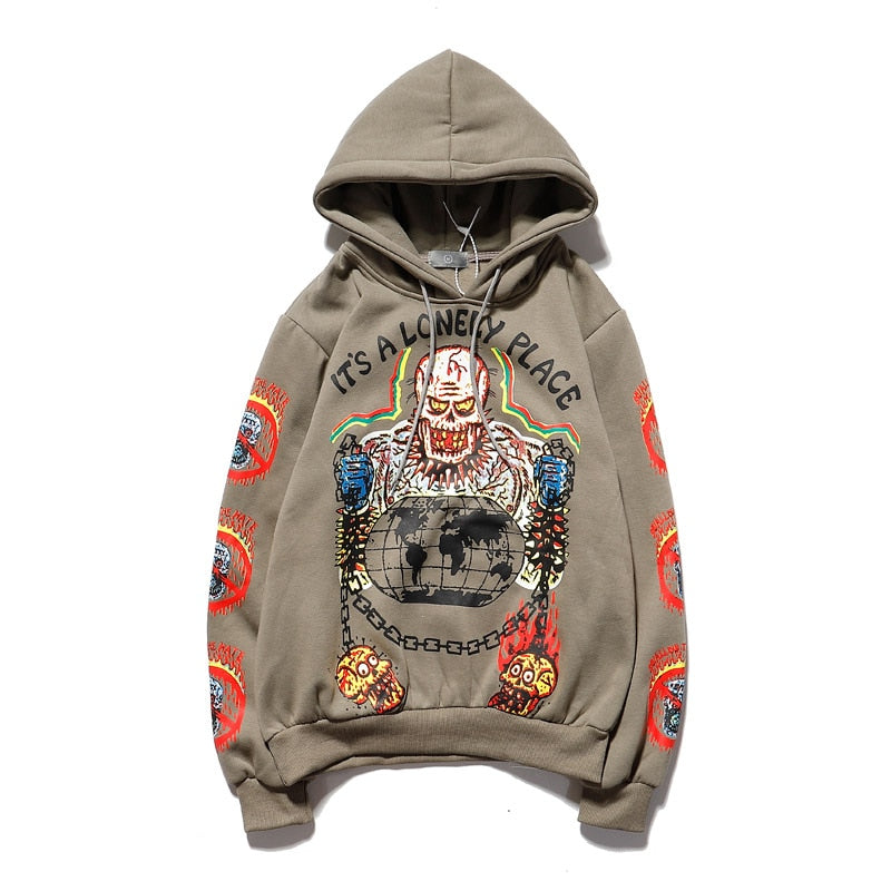Harajuku Retro Smiley Flame Print Round Neck Sweatshirts Men and Women Plus Velvet Streetwear Fleece Hoodie Pullover - Gufetto Brand 