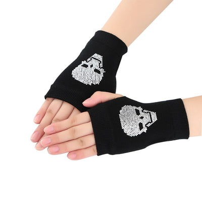 Winter Gloves Women Rhinestone Skull A+ Diamond Crown Half Finger Warm Knitted Black Mittens students Gants Femme - Gufetto Brand 