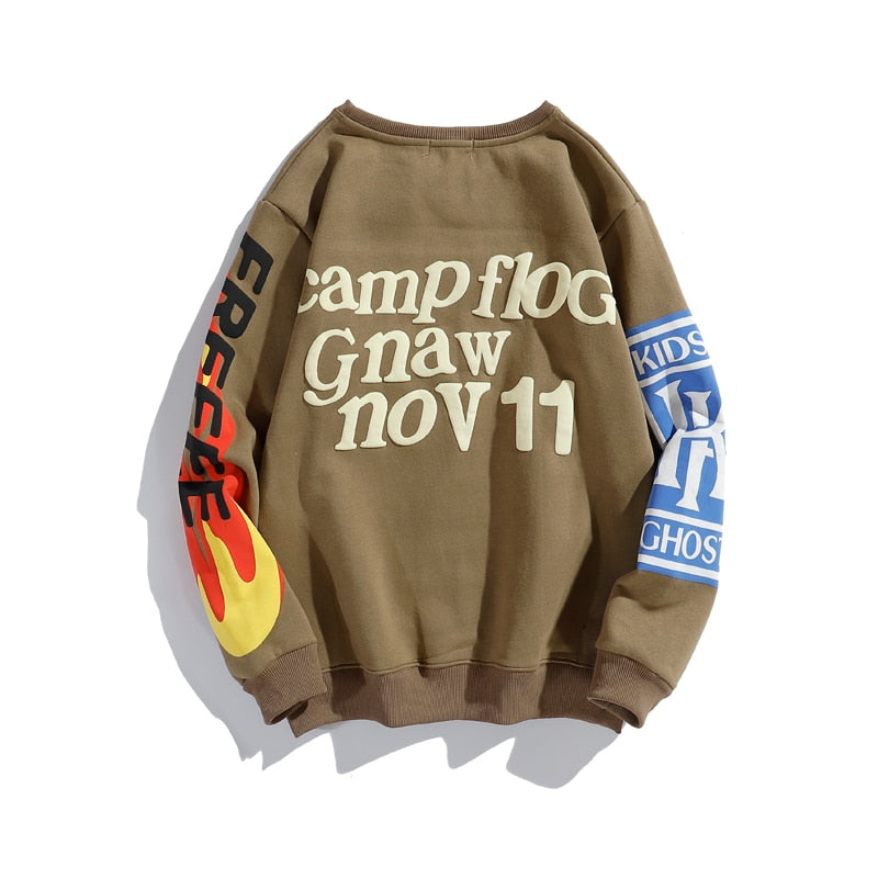 Harajuku Retro Smiley Flame Print Round Neck Sweatshirts Men and Women Plus Velvet Streetwear Fleece Hoodie Pullover - Gufetto Brand 